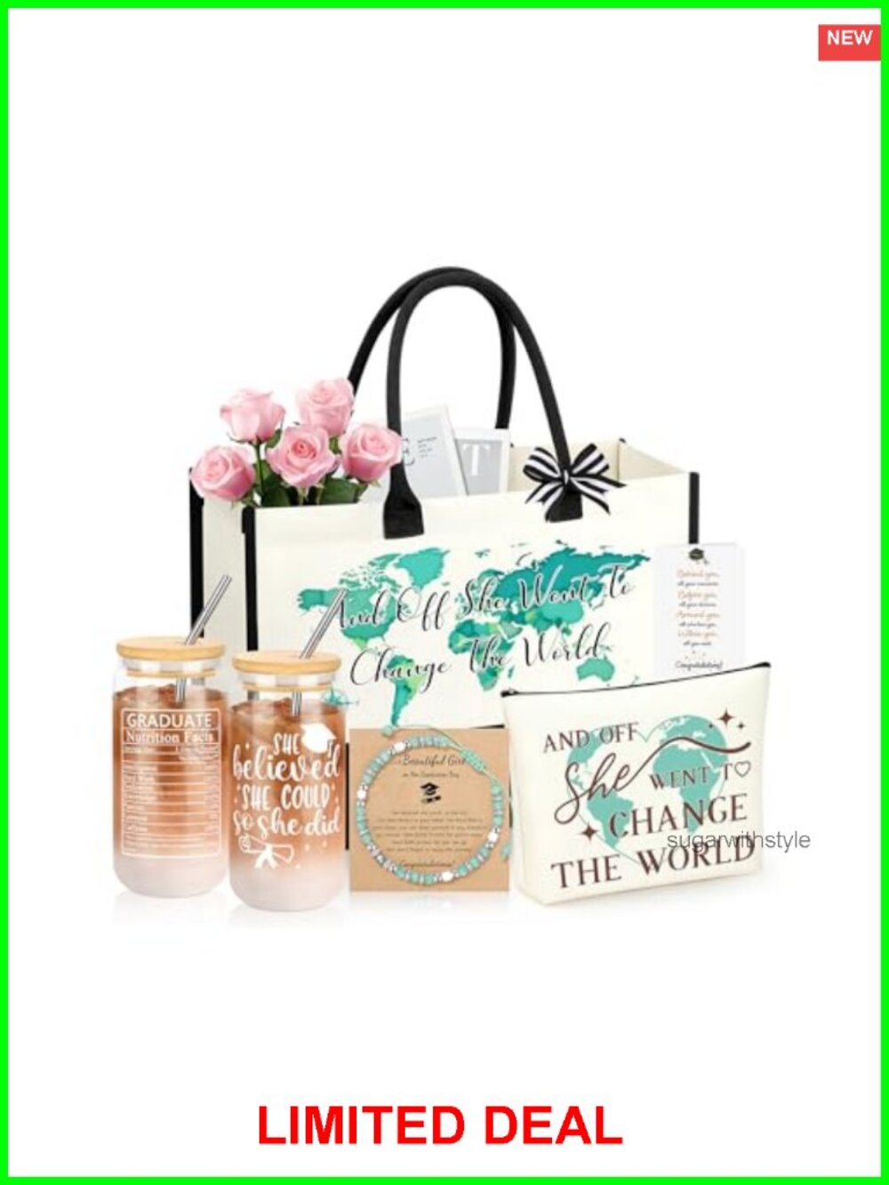 Graduation Gift Set for Her 2026 Canvas Tote Makeup Bag Glass Cup Bracelet